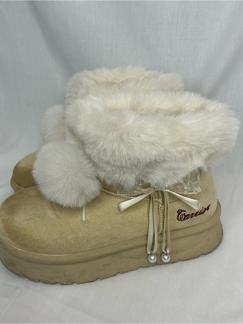 2136 - Warrior Women’s Cream Faux Fur Ankle Booties with Pom Trim